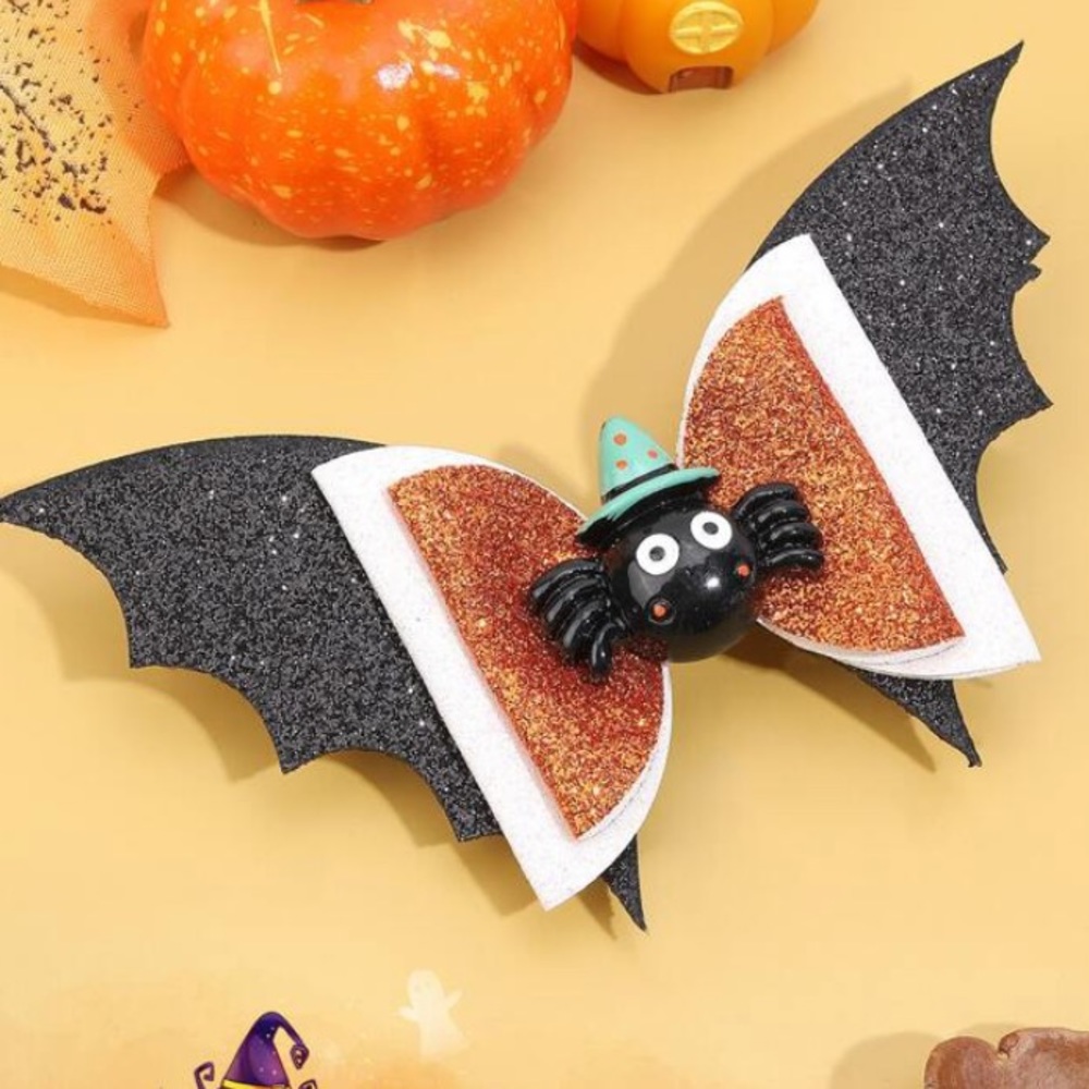 New! Spider Witch Hat Bat Wing Glitter Hair Bow